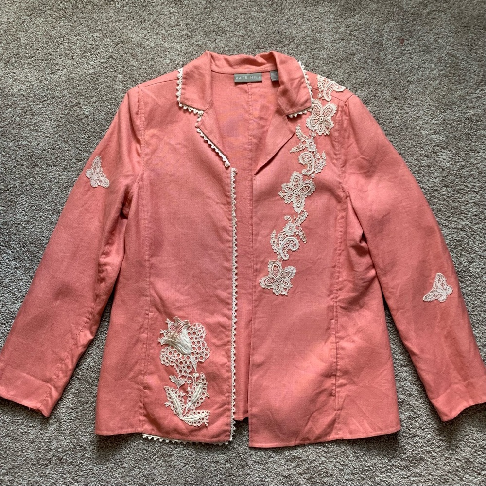 Cottage Linen Coral Blazer Jacket Grandmacore Floral Butterfly Doilies Size 14